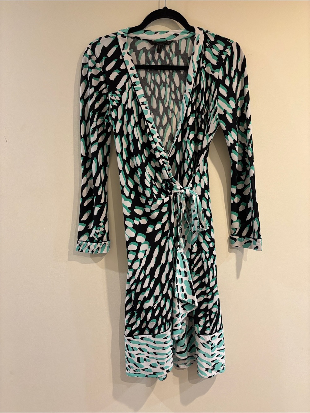 BCBGMaxAzria Black and White Printed Midi Wrap Dress